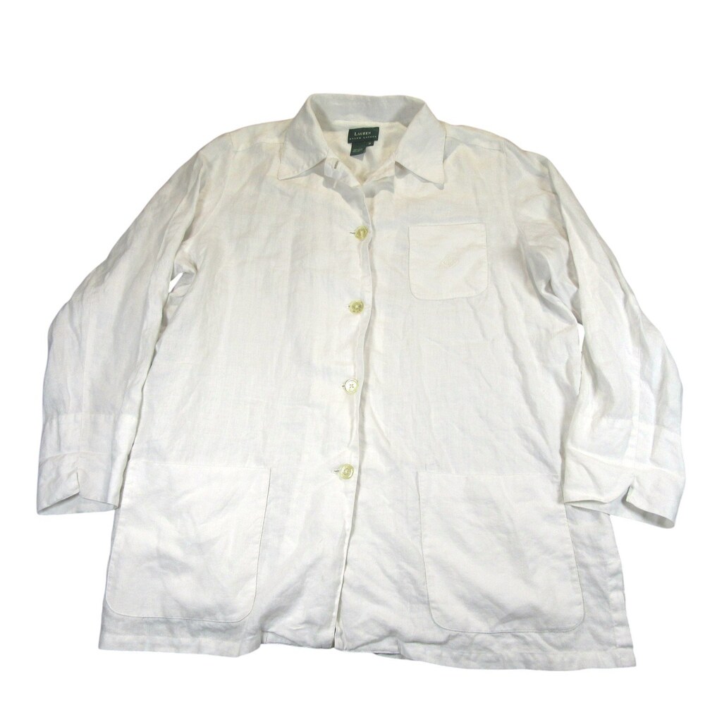 Ralph Lauren Womens Button Up Shirt 1X White Linen Pocket Pockets Long Sleeve